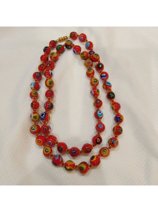 Murano Jewelry - Vintage Murano Millefiori Glass Necklace – Red Beads with Floral Accents